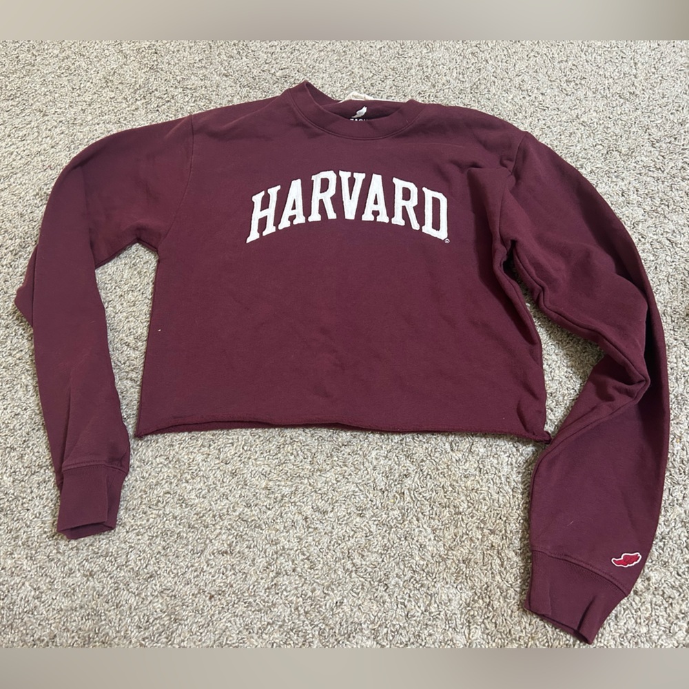 League Women's Crewneck Sweatshirt Maroon White Harvard Logo Cropped University